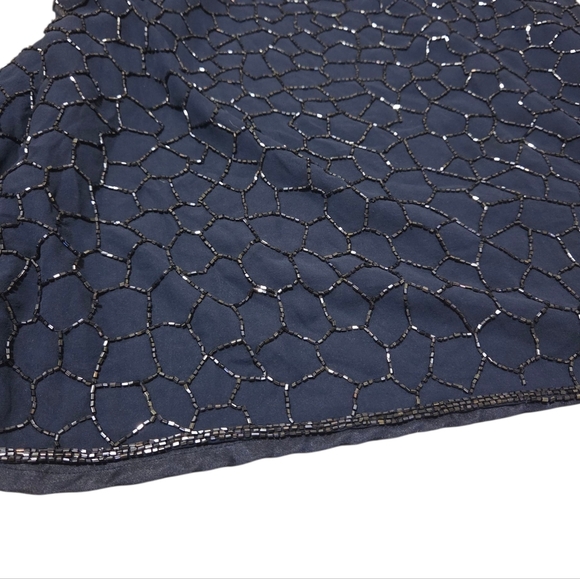 *rare* Scala Vintage Silk Sequin Formal Maxi Gown Dress Blue Spaghetti Sz Large - Picture 9 of 12